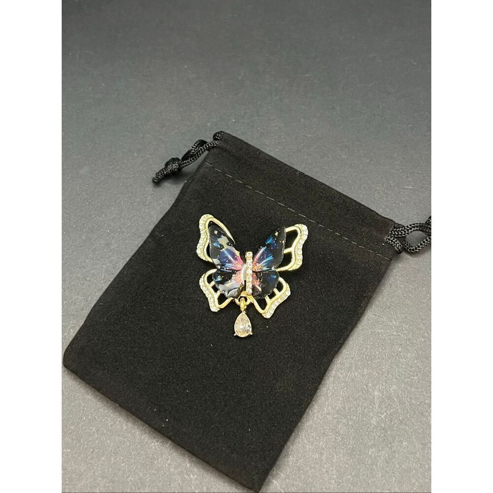 Blue Pink Glitter Resin Wings Gold Tone Rhinestone Butterfly Brooch